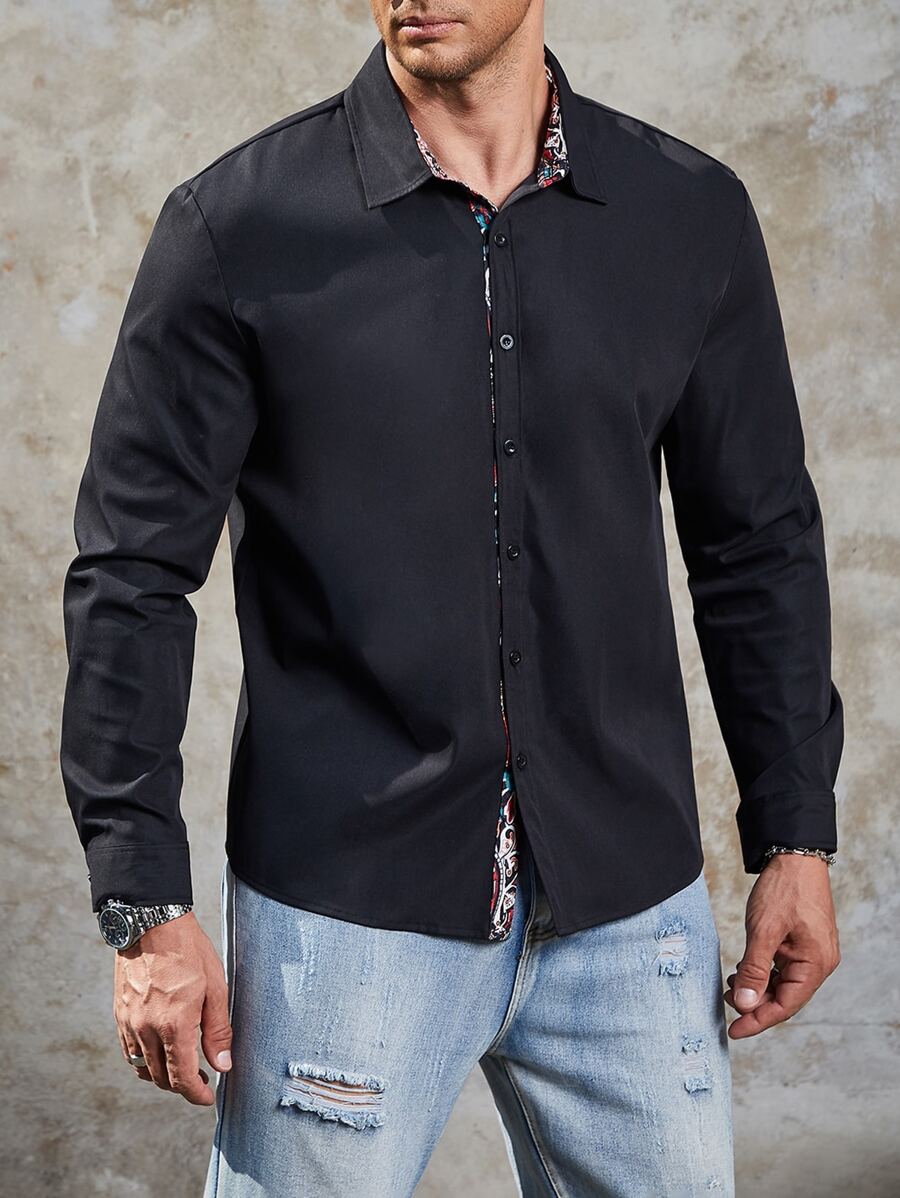 Manfinity Men Plus Contrast Plaid Trim Button Up Shirt - Black - View 1