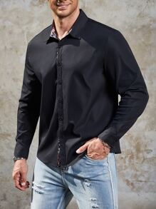 Manfinity Men Plus Contrast Plaid Trim Button Up Shirt - Black - View 3