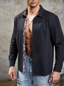 Manfinity Men Plus Contrast Plaid Trim Button Up Shirt - Black - View 5