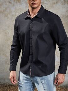 Manfinity Men Plus Contrast Plaid Trim Button Up Shirt - Black - View 6