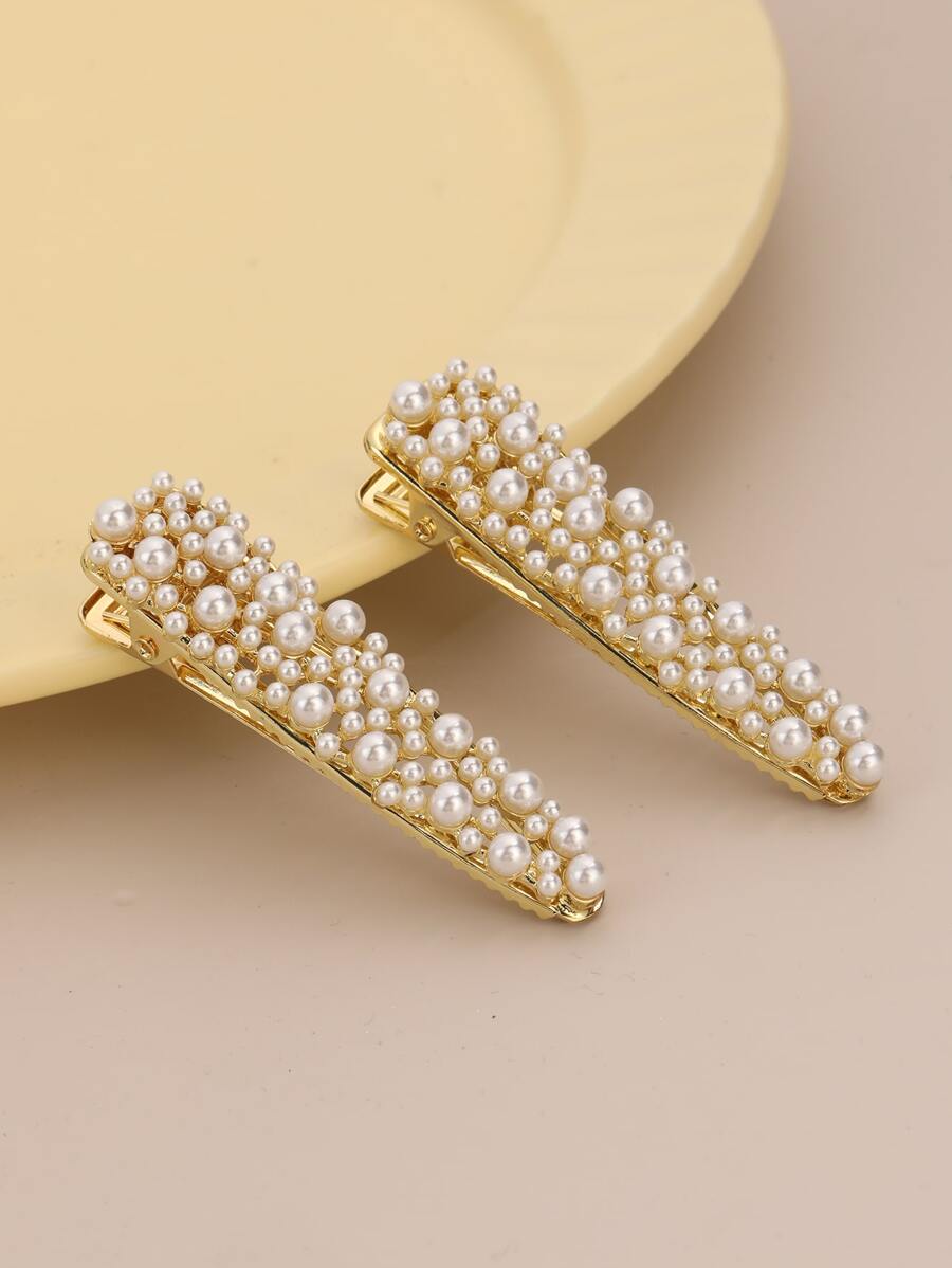 Kẹp tóc hình giọt nước và hình vuông tối giản đính ngọc trai giả, thích hợp cho tóc mái lệch và tóc thẳng. Kẹp tóc thanh lịch, phụ kiện tóc. - Nhiều màu - Xem 1