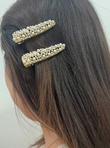 Kẹp tóc hình giọt nước và hình vuông tối giản đính ngọc trai giả, thích hợp cho tóc mái lệch và tóc thẳng. Kẹp tóc thanh lịch, phụ kiện tóc. - Nhiều màu - Xem 3