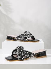Fashionable Women's Heeled Sandals, Novelty Glamorous Pearl & Rhinestone Decor, Versatile Square Toe Chunky Heel Sexy Charm Slide Sandals For Holiday Party,Spring Summer Outfits - Black - View 2