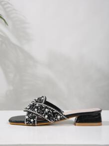 Fashionable Women's Heeled Sandals, Novelty Glamorous Pearl & Rhinestone Decor, Versatile Square Toe Chunky Heel Sexy Charm Slide Sandals For Holiday Party,Spring Summer Outfits - Black - View 3
