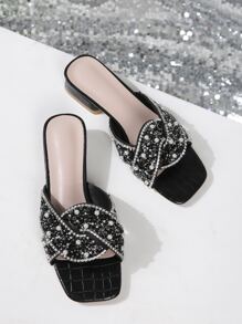 Fashionable Women's Heeled Sandals, Novelty Glamorous Pearl & Rhinestone Decor, Versatile Square Toe Chunky Heel Sexy Charm Slide Sandals For Holiday Party,Spring Summer Outfits - Black - View 5