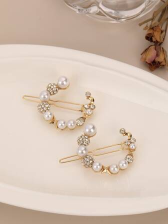 2入組水鑽和人造珍珠裝飾極簡髮夾