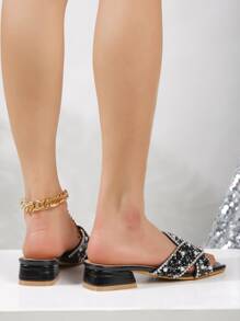 Fashionable Women's Heeled Sandals, Novelty Glamorous Pearl & Rhinestone Decor, Versatile Square Toe Chunky Heel Sexy Charm Slide Sandals For Holiday Party,Spring Summer Outfits - Black - View 6