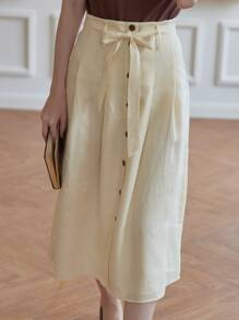 Simple Retro 高腰前紐扣腰帶半身裙 - 米色 - 查看 2