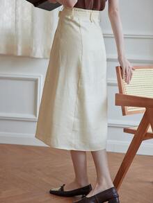 Simple Retro 高腰前紐扣腰帶半身裙 - 米色 - 查看 3