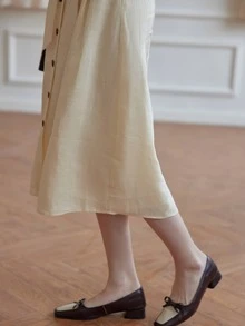 Simple Retro 高腰前紐扣腰帶半身裙 - 米色 - 查看 4