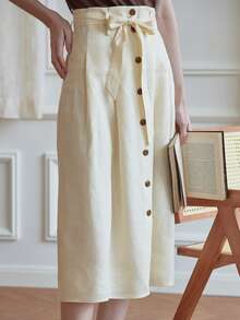 Simple Retro 高腰前紐扣腰帶半身裙 - 米色 - 查看 5