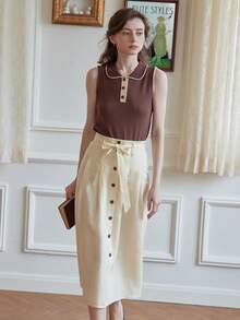 Simple Retro 高腰前紐扣腰帶半身裙 - 米色 - 查看 6