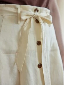 Simple Retro 高腰前紐扣腰帶半身裙 - 米色 - 查看 8