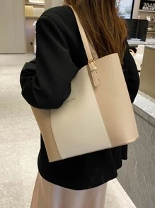 雙色單肩托特包 - 卡其色 - 查看 4