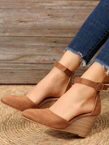 Zapatos de serraje falso de punta tira tobillera - Marrón - Ver 5