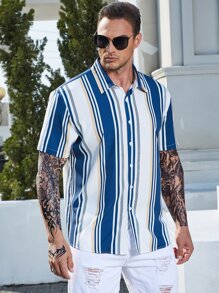 Manfinity Homme Áo sơ mi Nam Nút phía trước Sọc Giải trí - Xanh và trắng - Xem 4