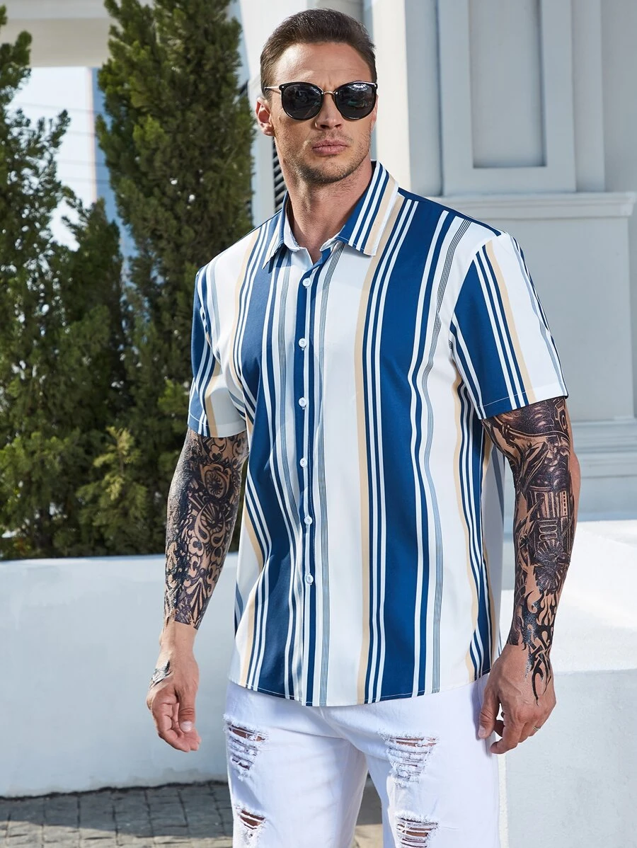 Manfinity Homme Áo sơ mi Nam Nút phía trước Sọc Giải trí - Xanh và trắng - Xem 1