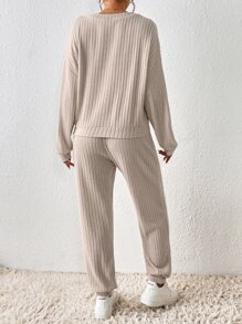 SHEIN Frenchy Drop Shoulder Tee & Sweatpants Winter Casual - Apricot - View 2