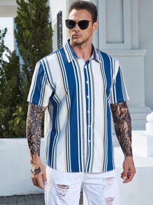 Manfinity Homme Áo sơ mi Nam Nút phía trước Sọc Giải trí - Xanh và trắng - Xem 5