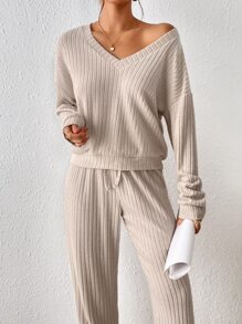 SHEIN Frenchy Drop Shoulder Tee & Sweatpants Winter Casual - Apricot - View 3