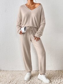 SHEIN Frenchy Drop Shoulder Tee & Sweatpants Winter Casual - Apricot - View 6