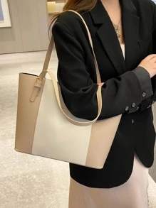 雙色單肩托特包 - 卡其色 - 查看 6