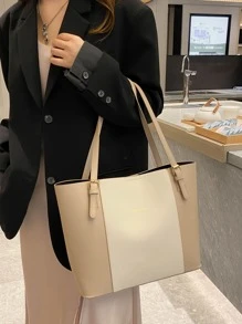 雙色單肩托特包 - 卡其色 - 查看 1