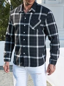 Manfinity 男士格紋印花口袋貼布襯衫 - 黑色 - 查看 5