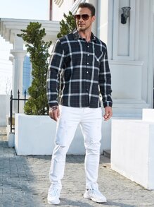 Manfinity 男士格紋印花口袋貼布襯衫 - 黑色 - 查看 3