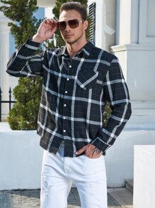 Manfinity 男士格紋印花口袋貼布襯衫 - 黑色 - 查看 4