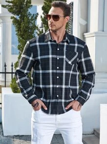 Manfinity 男士格紋印花口袋貼布襯衫 - 黑色 - 查看 1