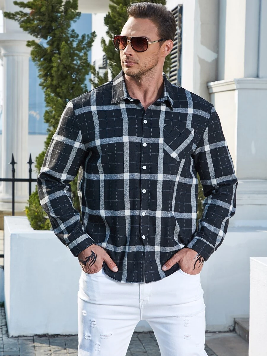 Manfinity 男士格紋印花口袋貼布襯衫 - 黑色 - 查看 1