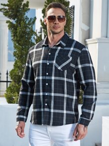 Manfinity 男士格紋印花口袋貼布襯衫 - 黑色 - 查看 6