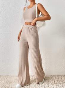 SHEIN Frenchy Solid Ribbed Knit Crop Tank Top & Wide Leg Pants