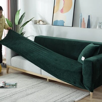 1pc Winter Warm Silver Fox Plush Solid Color Stretch Sofa Cover, Modern Simple Style Non-Slip One-Piece Sofa Cover Universal Protector For L-Shaped Sofas And 1/2/3/4 Seater Sofas (With A Free Pillow Case)