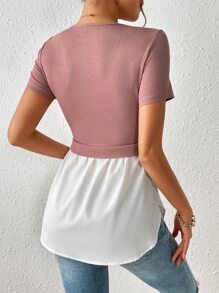 SHEIN Frenchy Áo thun nữ Viên lá sen Khối Màu Giải trí - Bụi hồng - Xem 2