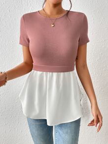 SHEIN Frenchy Áo thun nữ Viên lá sen Khối Màu Giải trí - Bụi hồng - Xem 4