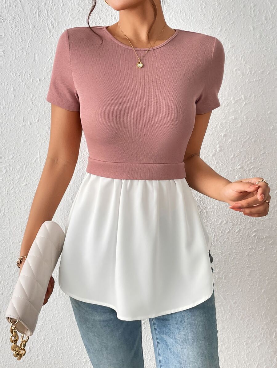SHEIN Frenchy Áo thun nữ Viên lá sen Khối Màu Giải trí - Bụi hồng - Xem 1