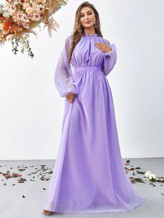 Frill Trim Lantern Sleeve Chiffon Dress