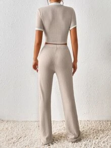 SHEIN Frenchy Contrast Trim Crop Tee & Flare Leg Trousers - Apricot - View 2