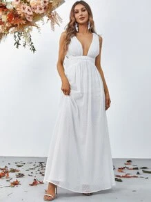 圓點深V領長連衣裙