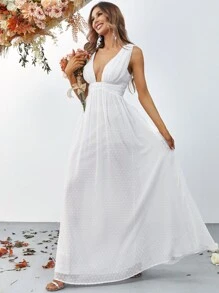 圓點深V領長連衣裙