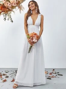 圓點深V領長連衣裙