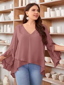 SHEIN Clasi Plus Flounce Sleeve Cross Wrap Top - Dusty Pink - View 1