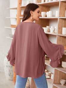 SHEIN Clasi Plus Flounce Sleeve Cross Wrap Top - Dusty Pink - View 2