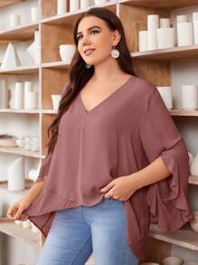 SHEIN Clasi Plus Flounce Sleeve Cross Wrap Top - Dusty Pink - View 3