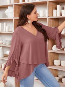 SHEIN Clasi Plus Flounce Sleeve Cross Wrap Top - Dusty Pink - View 5