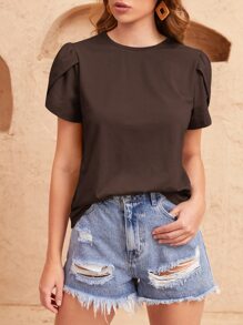 SHEIN Clasi 素色花瓣袖T恤 - 巧克力棕 - 查看 1