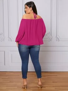 SHEIN LUNE Plus Halter Neck Lantern Sleeve Blouse - Hot Pink - View 2