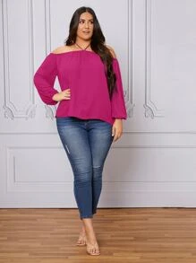 SHEIN LUNE Plus Halter Neck Lantern Sleeve Blouse - Hot Pink - View 3